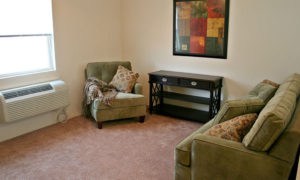 Example of a living room with plush carpeting in our Lawrence apartments.